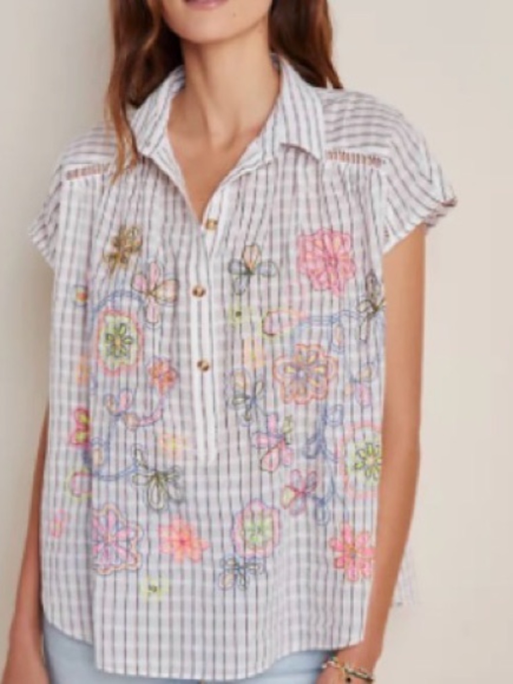 Pilcro by Anthropologie Embroidered Striped Button Down in Cream & Pink Large